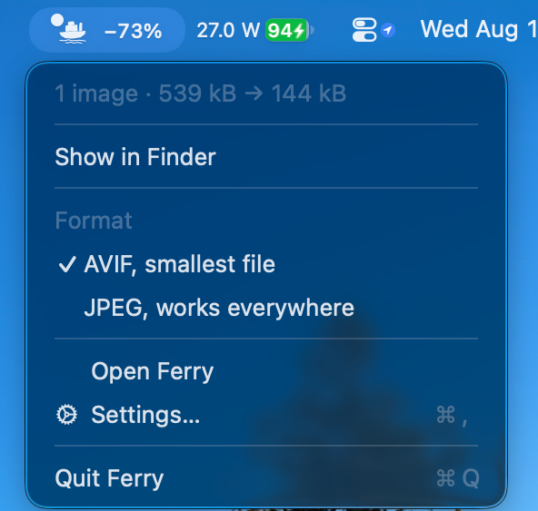 Ferry's menu bar icon showing minus 73 percent, above a menu reading 1 image, 539 kB to 144 kB