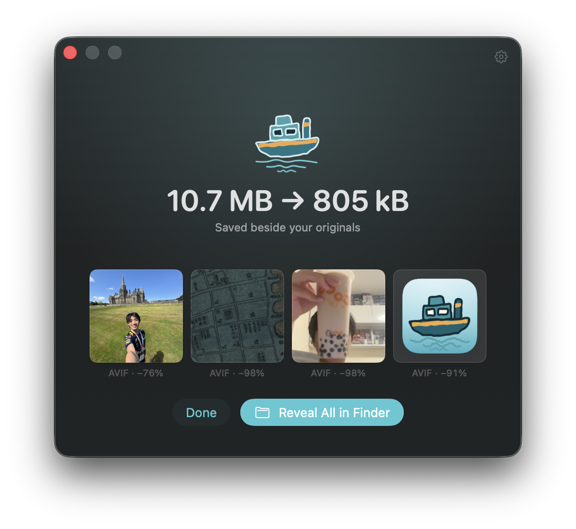Ferry's results screen reading 10.7 MB to 805 kB, with a thumbnail of each converted image